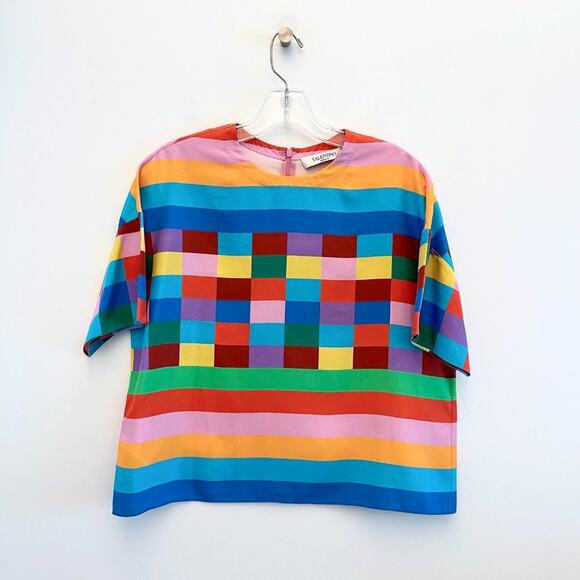 Valentino 1973 Check Panama Silk Top Rainbow Blouse Multicolor Stripe - Picture 2 of 12